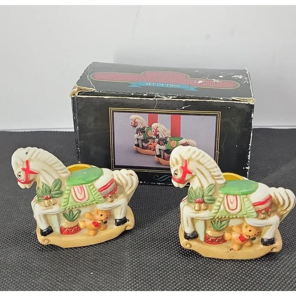 Vintage Noble Hall Rocking Horse Candle Holders Set of 2 Christmas Original Box